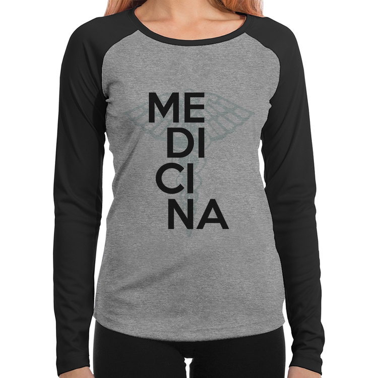 Baby Look Raglan Medicina Estudante Manga Longa - Cinza/Preto
