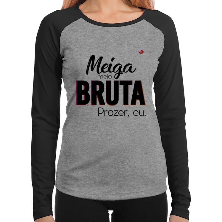 Baby Look Raglan Meiga meio bruta Manga Longa - Cinza/Preto