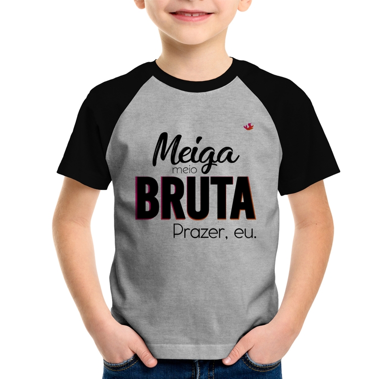 Camiseta Raglan Infantil Meiga meio bruta - Cinza/Preto
