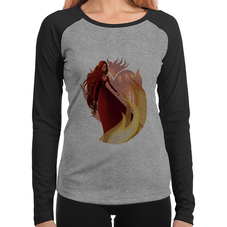Baby Look Raglan Melisandre Art Manga Longa - Cinza/Preto