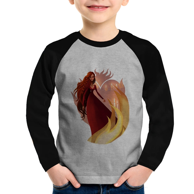 Camiseta Raglan Infantil Melisandre Art Manga Longa - Cinza/Preto