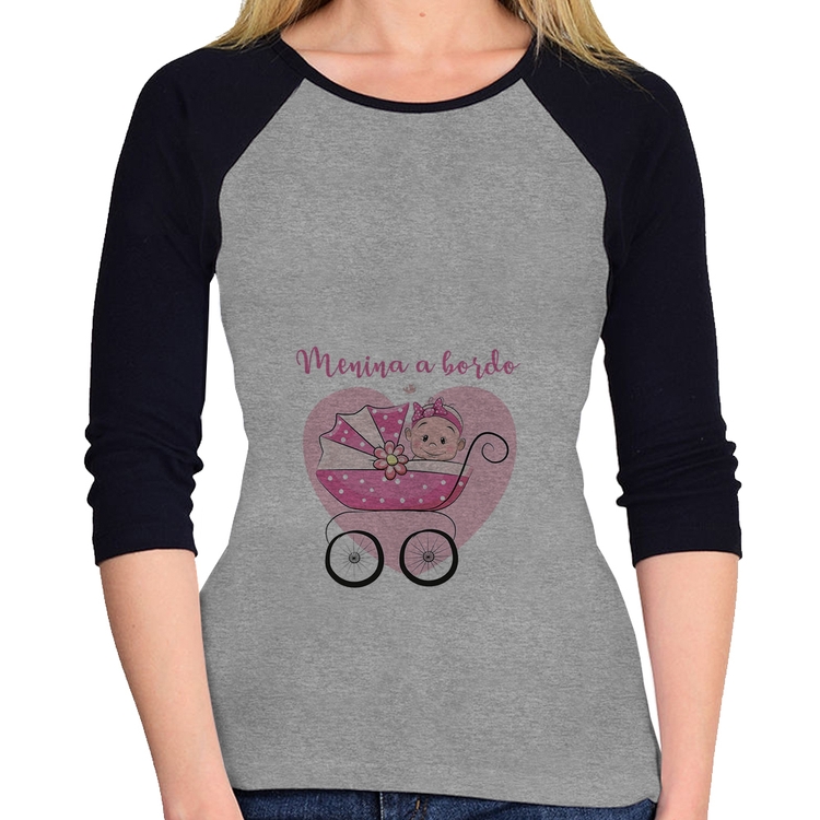 Baby Look Raglan Menina a bordo Manga 3/4 - Cinza/Preto