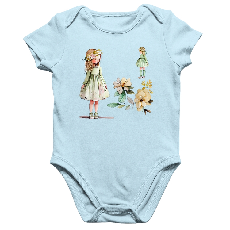 Body Bebê Algodão Meninas e Flores - Azul Bebê