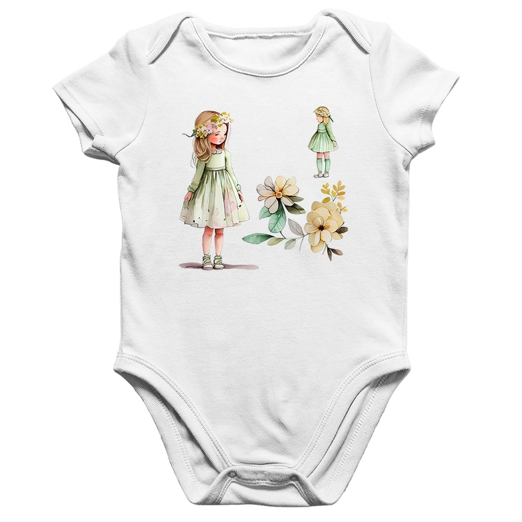 Body Bebê Algodão Meninas e Flores - Branco