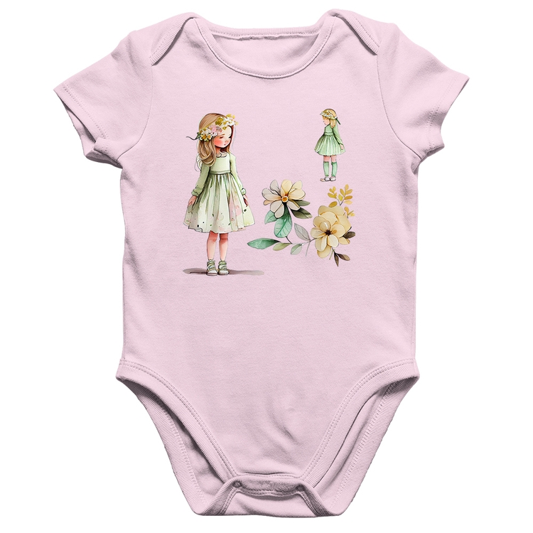 Body Bebê Algodão Meninas e Flores - Rosa Bebê