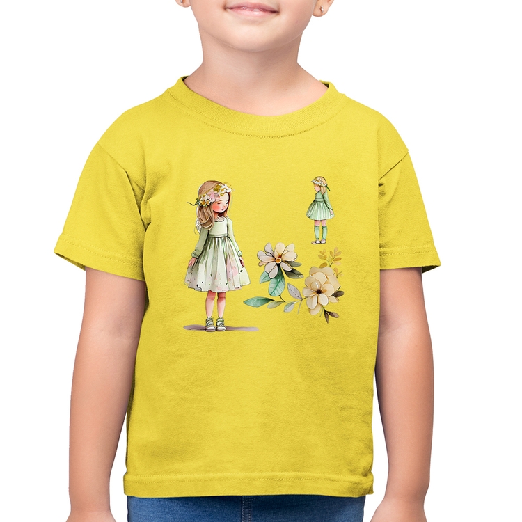 Camiseta Algodão Infantil Meninas e Flores - Amarelo Canário