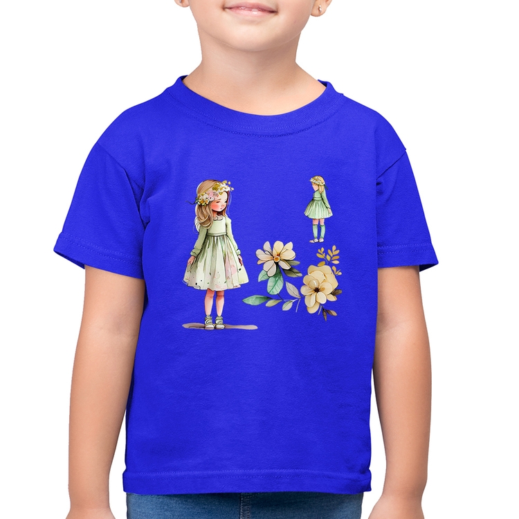 Camiseta Algodão Infantil Meninas e Flores - Azul Royal