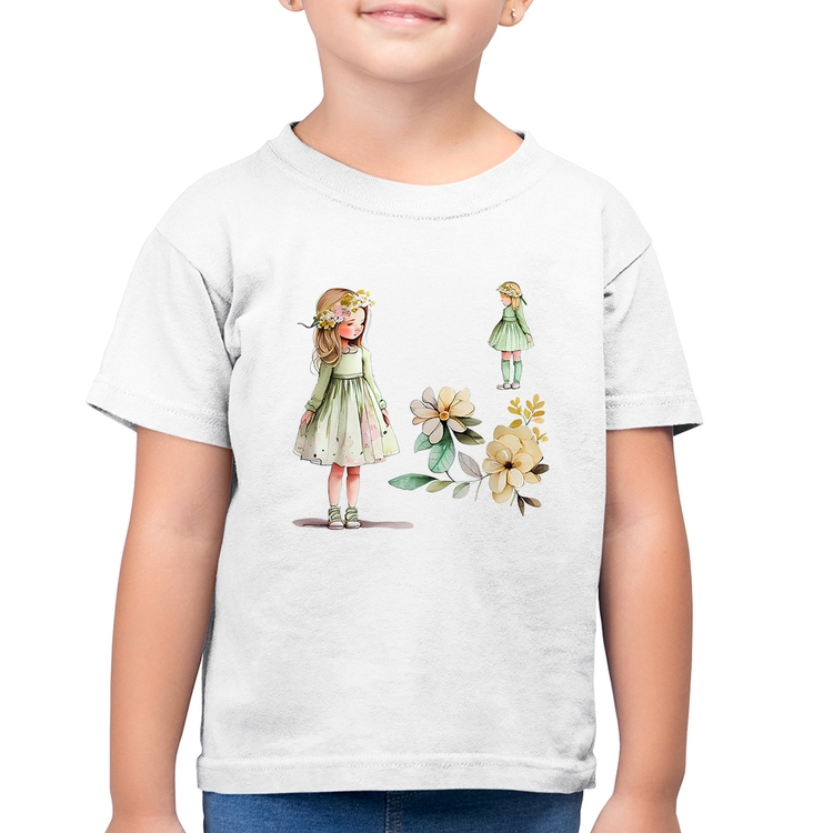 Camiseta Algodão Infantil Meninas e Flores - Branca