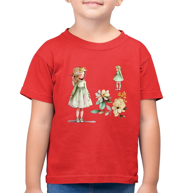 Camiseta Algodão Infantil Meninas e Flores - Vermelha