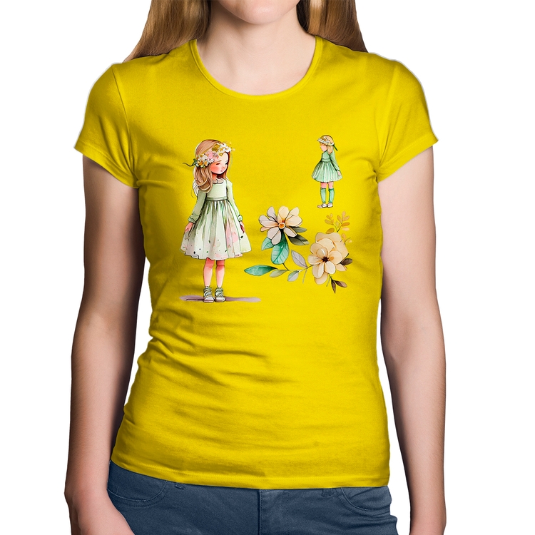 Baby Look Algodão Meninas e Flores - Amarela