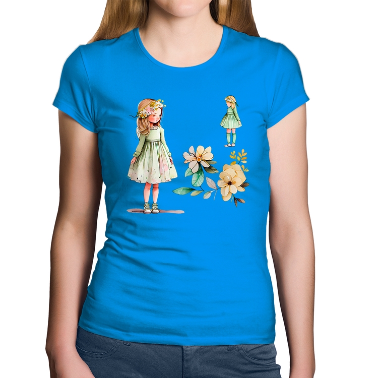 Baby Look Algodão Meninas e Flores - Azul