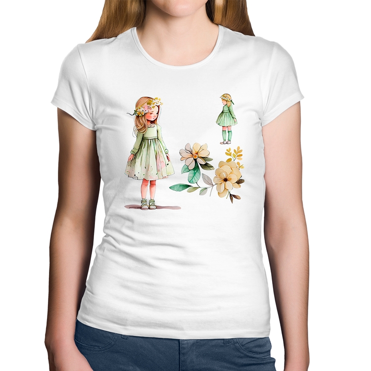 Baby Look Algodão Meninas e Flores - Branca