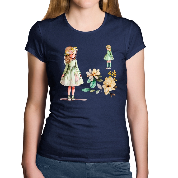 Baby Look Algodão Meninas e Flores - Marinho