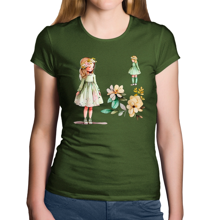 Baby Look Algodão Meninas e Flores - Musgo