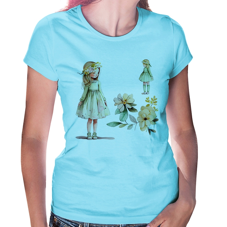 Baby Look Meninas e Flores - Azul Bebê