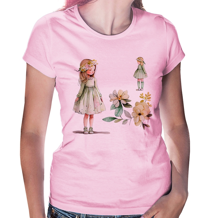 Baby Look Meninas e Flores - Rosa Bebê