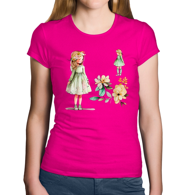 Baby Look Algodão Meninas e Flores - Rosa