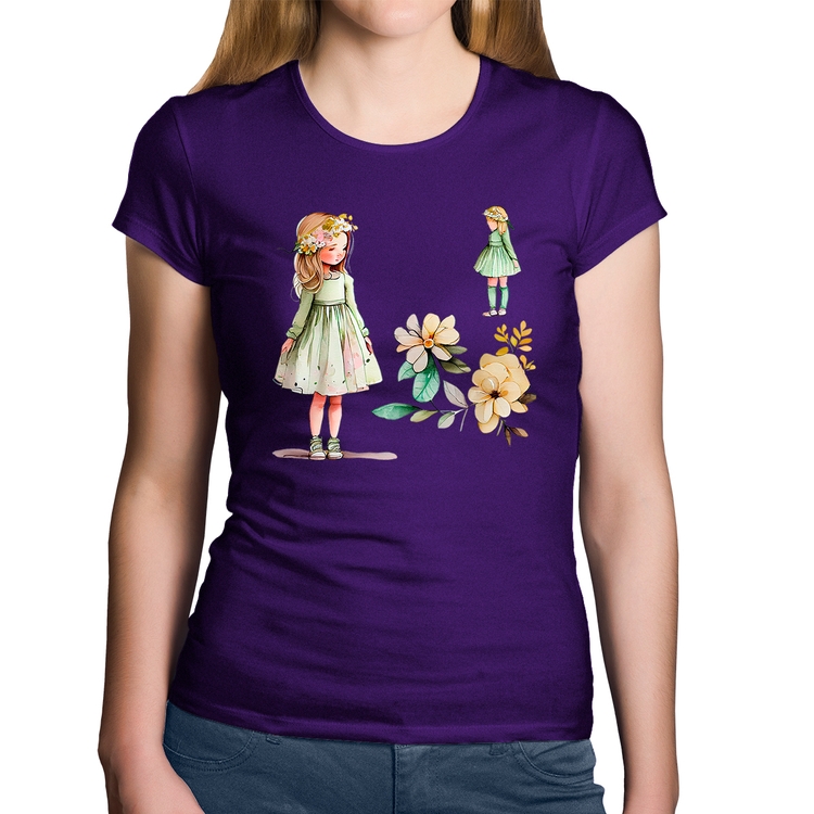 Baby Look Algodão Meninas e Flores - Roxa