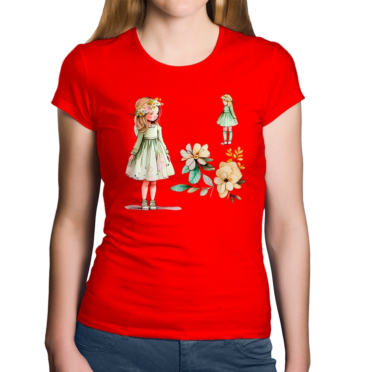 Baby Look Algodão Meninas e Flores - Vermelha