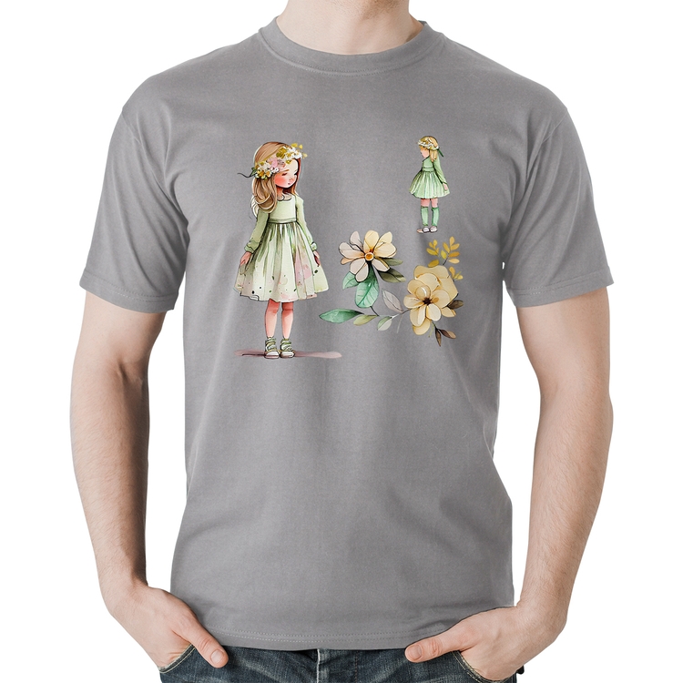 Camiseta Algodão Meninas e Flores - Cinza