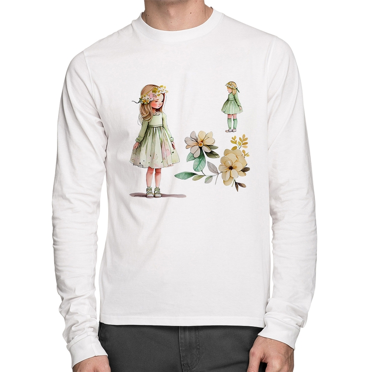 Camiseta Algodão Meninas e Flores Manga Longa - Branca