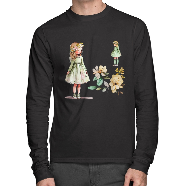 Camiseta Algodão Meninas e Flores Manga Longa