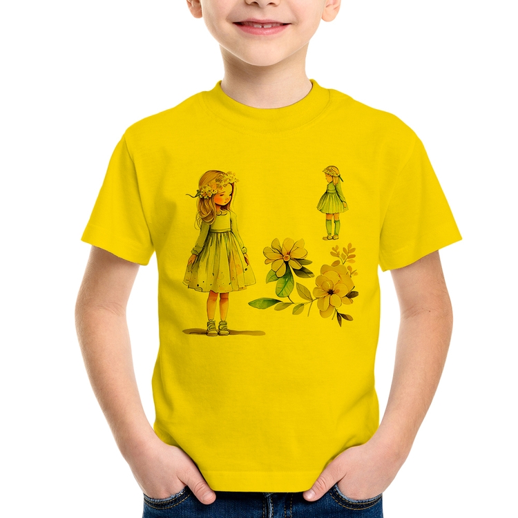 Camiseta Infantil Meninas e Flores - Amarela