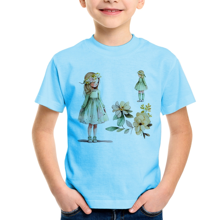 Camiseta Infantil Meninas e Flores - Azul Bebê