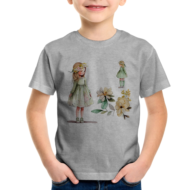 Camiseta Infantil Meninas e Flores - Cinza