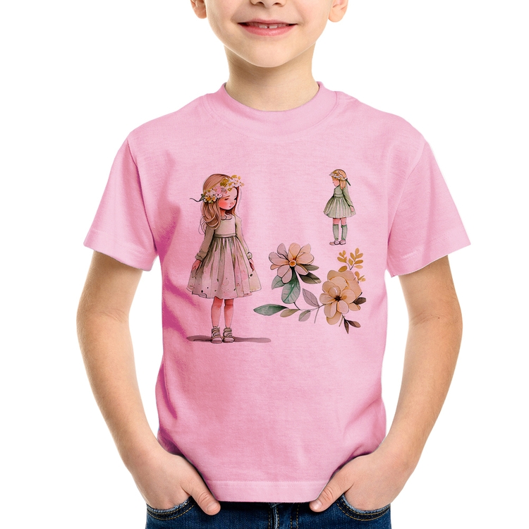 Camiseta Infantil Meninas e Flores - Rosa Bebê