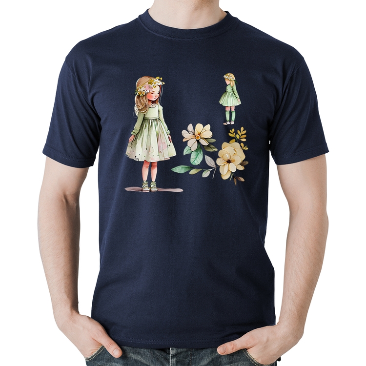 Camiseta Algodão Meninas e Flores - Marinho