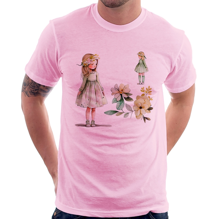 Camiseta Meninas e Flores - Rosa Bebê
