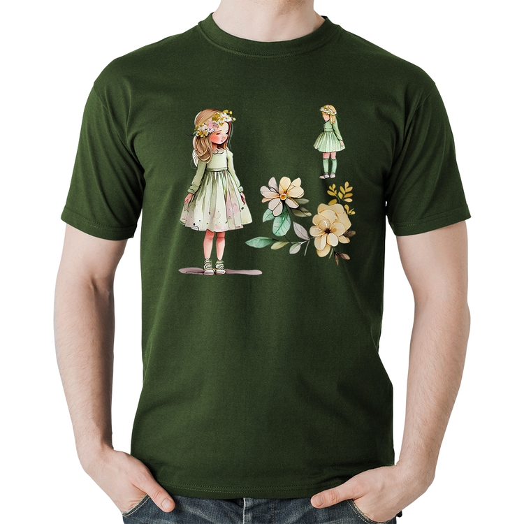 Camiseta Algodão Meninas e Flores - Musgo