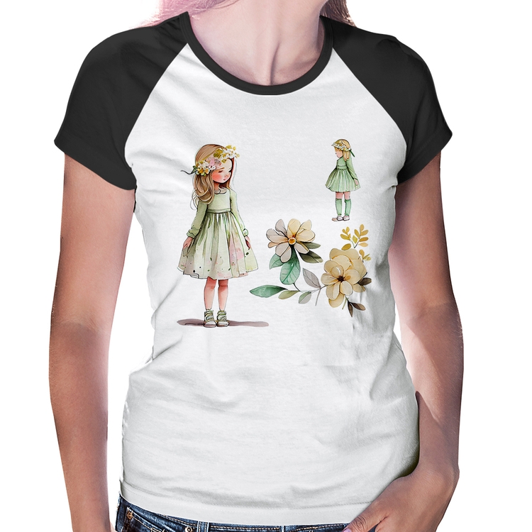 Baby Look Raglan Meninas e Flores