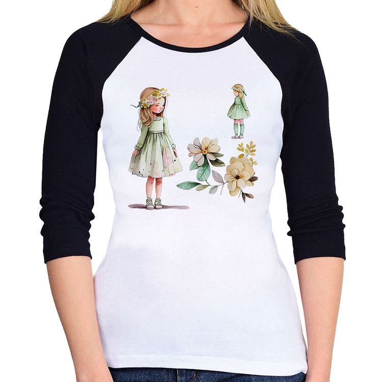Baby Look Raglan Meninas e Flores Manga 3/4