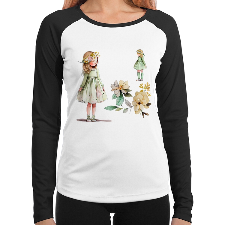 Baby Look Raglan Meninas e Flores Manga Longa