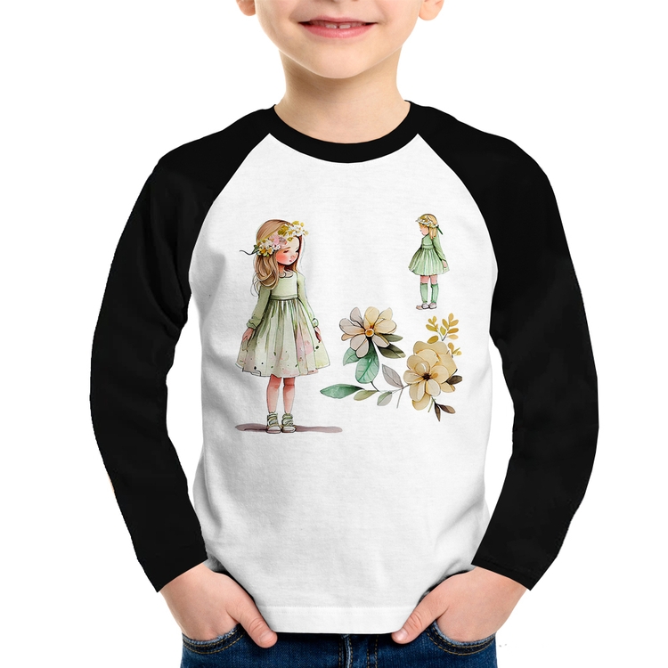 Camiseta Raglan Infantil Meninas e Flores Manga Longa