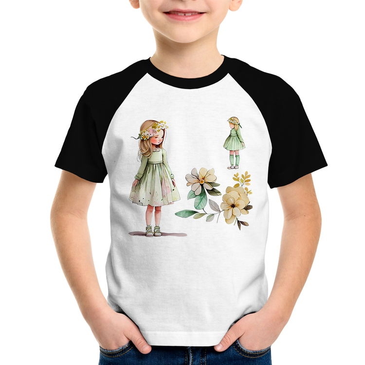 Camiseta Raglan Infantil Meninas e Flores