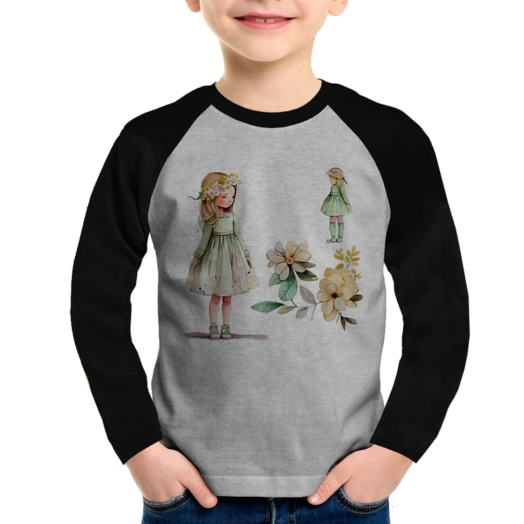 Camiseta Raglan Infantil Meninas e Flores Manga Longa - Cinza/Preto