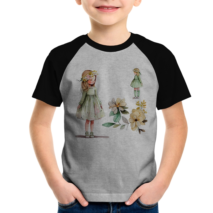 Camiseta Raglan Infantil Meninas e Flores - Cinza/Preto