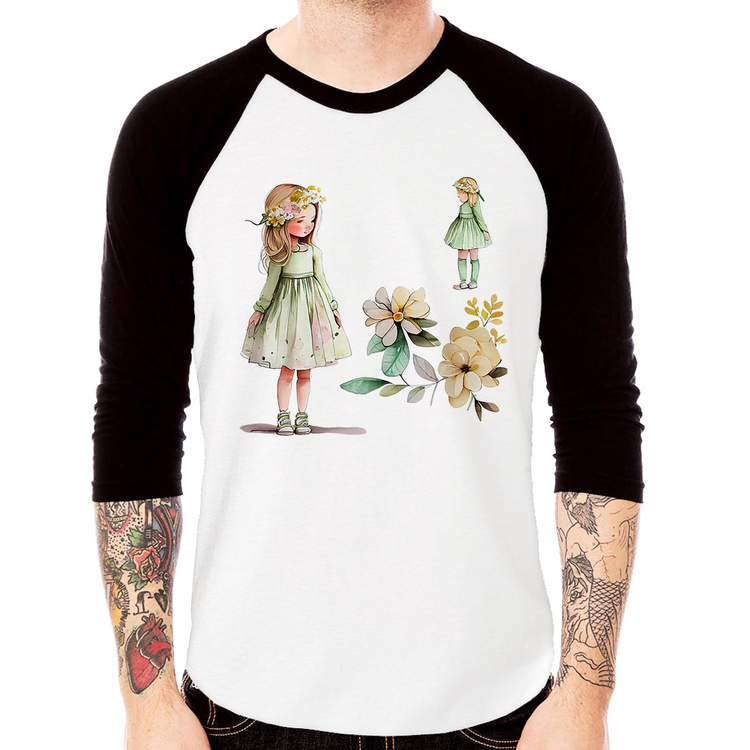 Camiseta Raglan Meninas e Flores Manga 3/4