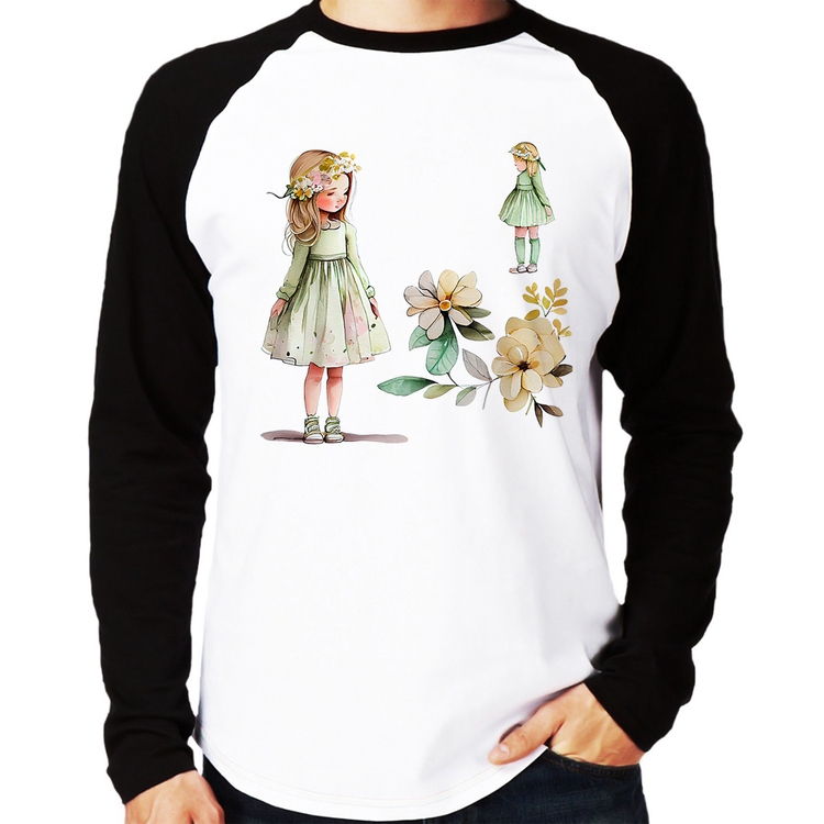 Camiseta Raglan Meninas e Flores Manga Longa