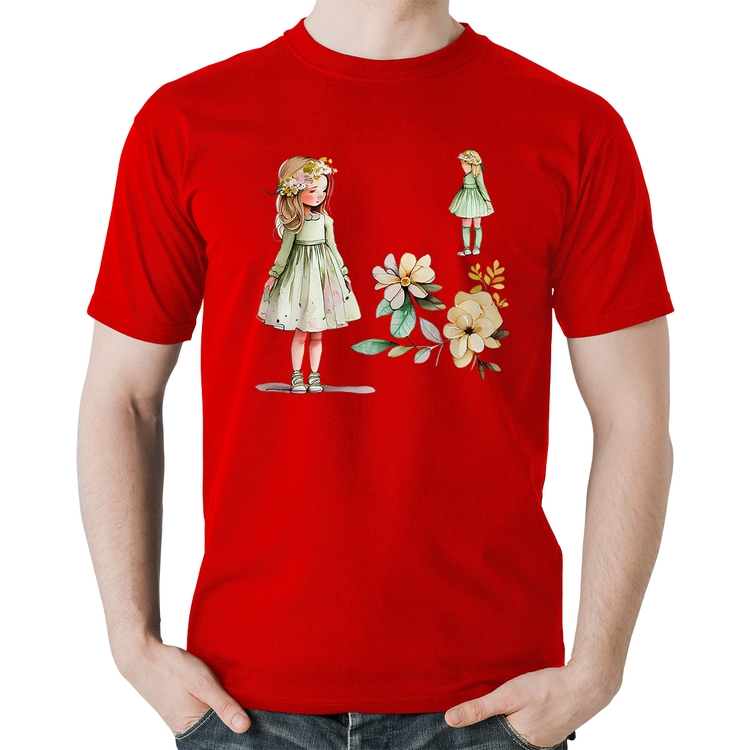 Camiseta Algodão Meninas e Flores - Vermelha