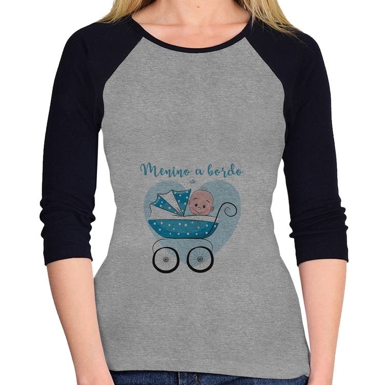 Baby Look Raglan Menino a bordo Manga 3/4 - Cinza/Preto