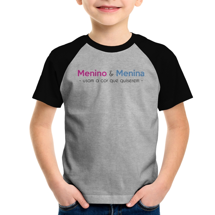 Camiseta Raglan Infantil Menino e menina usam a cor que quiserem - Cinza/Preto