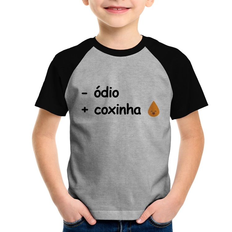 Camiseta Raglan Infantil Menos ódio, Mais coxinha - Cinza/Preto