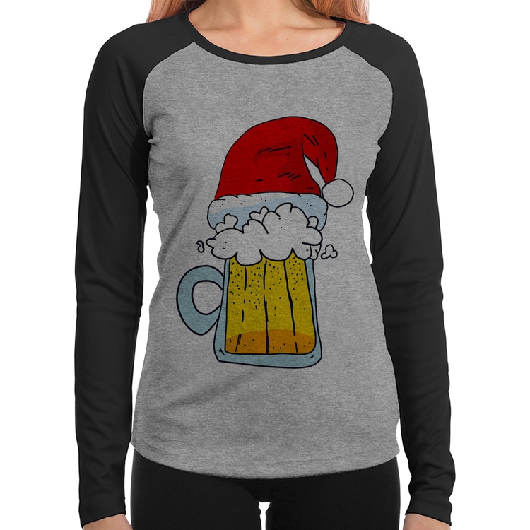 Baby Look Raglan Merry Beer Manga Longa - Cinza/Preto