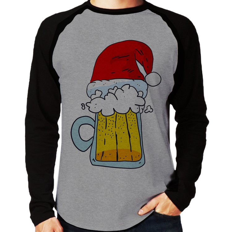 Camiseta Raglan Merry Beer Manga Longa - Cinza/Preto