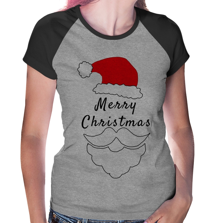 Baby Look Raglan Merry Christmas - Cinza/Preto