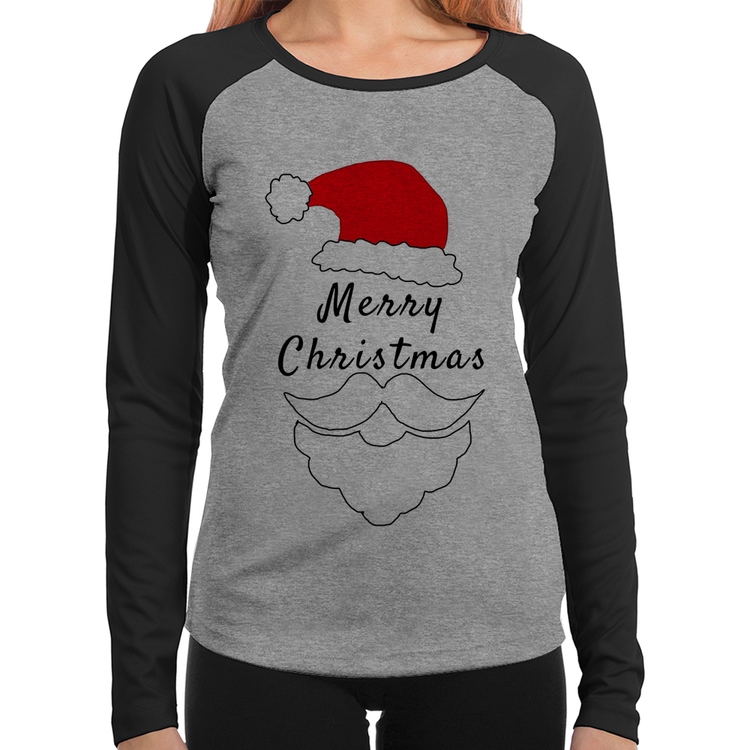 Baby Look Raglan Merry Christmas Manga Longa - Cinza/Preto